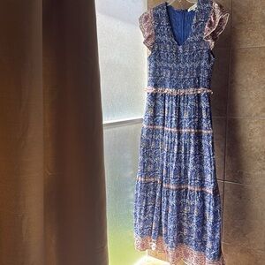 Sea New York Rosita Smocked Midi Dress Pockets 100% Cotton Gauze Shell & Lining